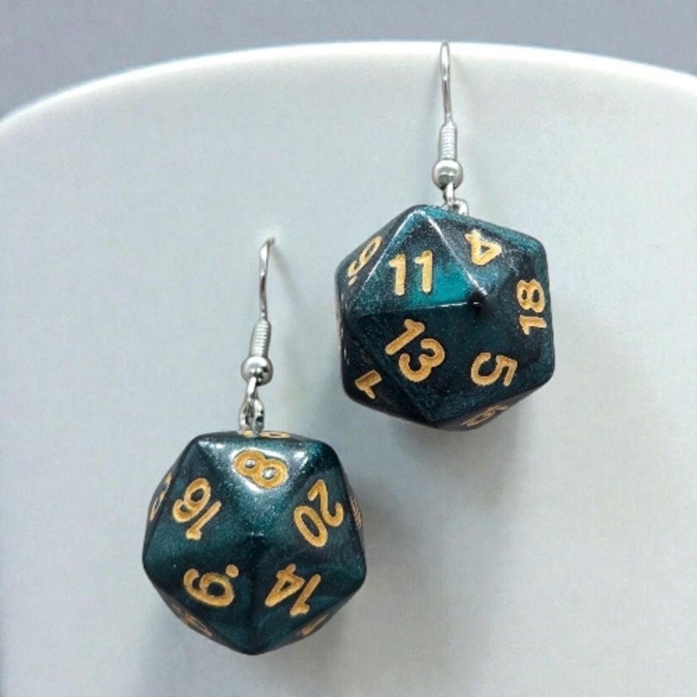 Shimmer Green D20 Polyhedral Dice Earrings Gold Numbered RPG Gamer Geek Gift NWT